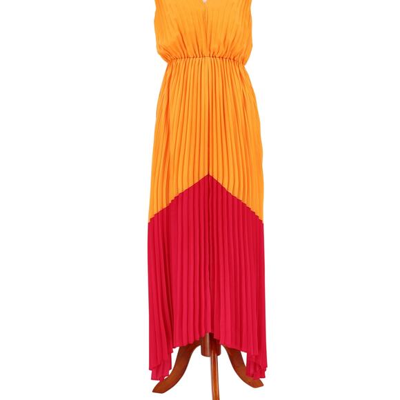 Express Women Orange Satin Color Block Summer Flare Pleated Maxi Dress Size S - Picture 3 of 6